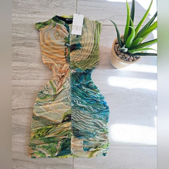 Nwt ZARA PRINTED TULLE DRESS GREEN - Picture 2 of 16
